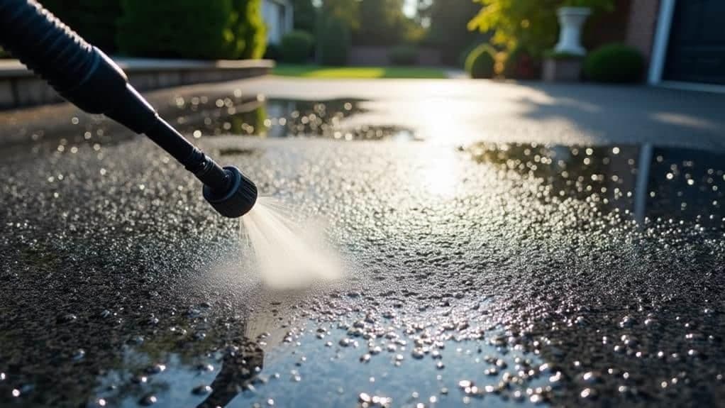 Pressure washer jet cleaning a wet asphalt driveway